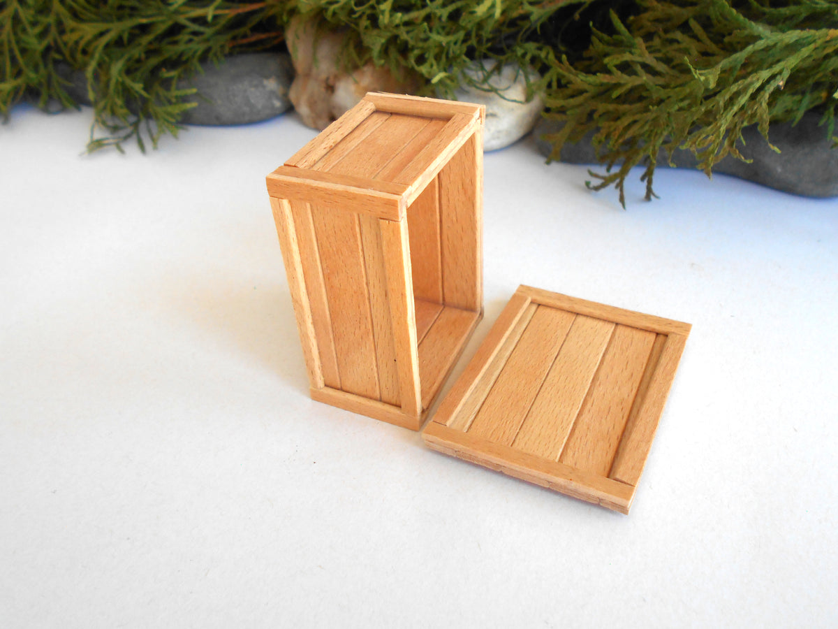 Two miniature wooden crates or boxes in a light natural wood finish, one standing upright and one lying flat, displayed on a white surface with green foliage in the background.