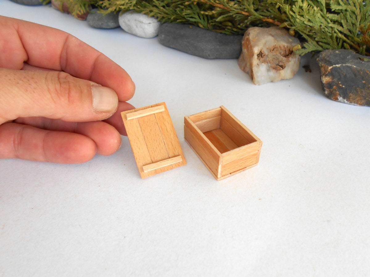 A hand holding a miniature light wood box lid next to an empty matching box, set against a white surface with decorative rocks and greenery in the background.