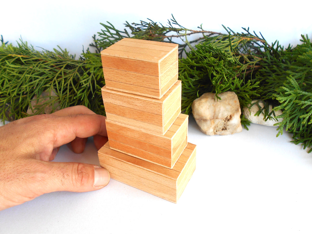 A hand is holding a stack of four nested wooden blocks with a natural light wood finish, set against a white background with green pine branches and a small stone prop.