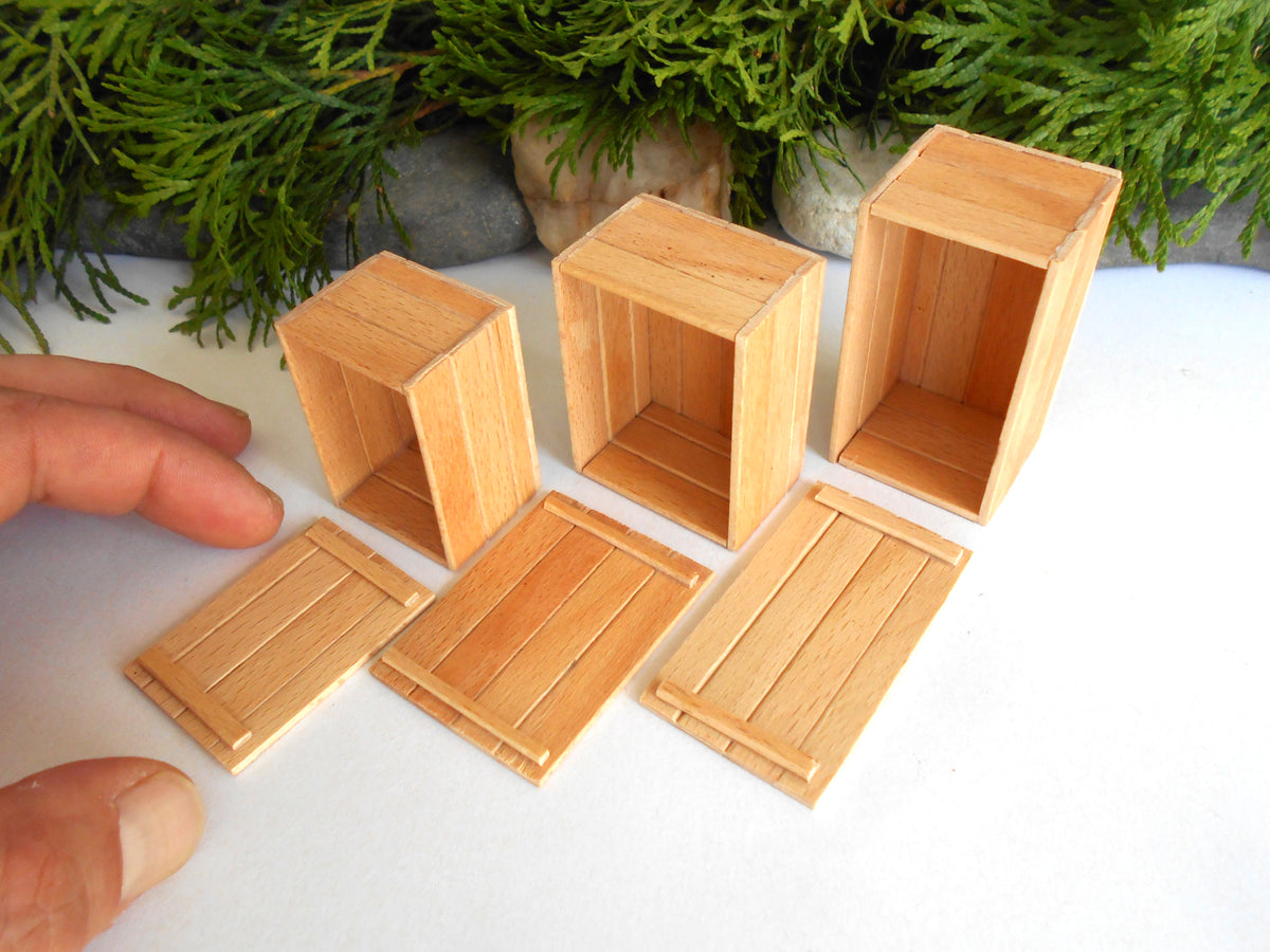 Five miniature light wood crates in different sizes arranged on a white surface, with a person's hand visible on the left for scale and green foliage in the background.