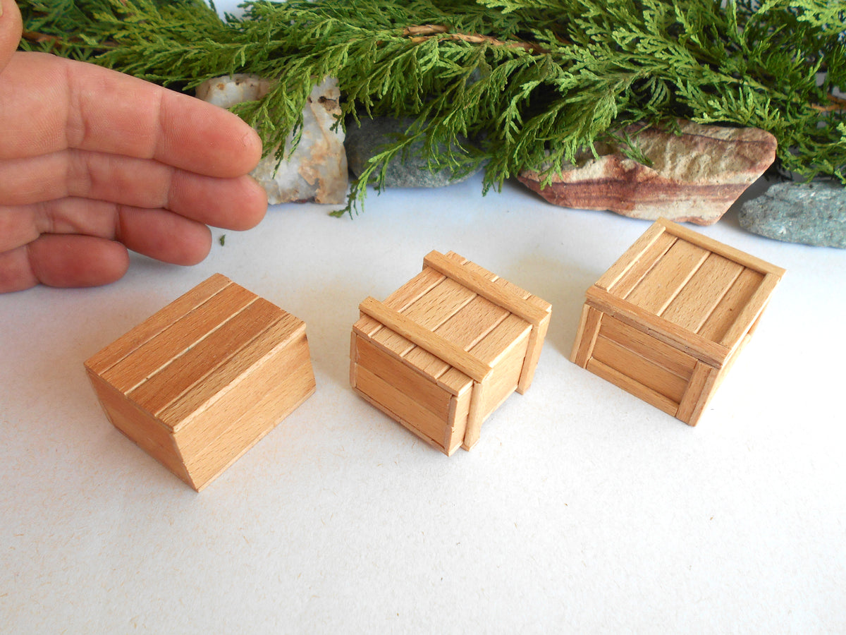 Three miniature wooden crate boxes in different orientations, shown on a white surface with a hand on the left for scale and green foliage in the background.