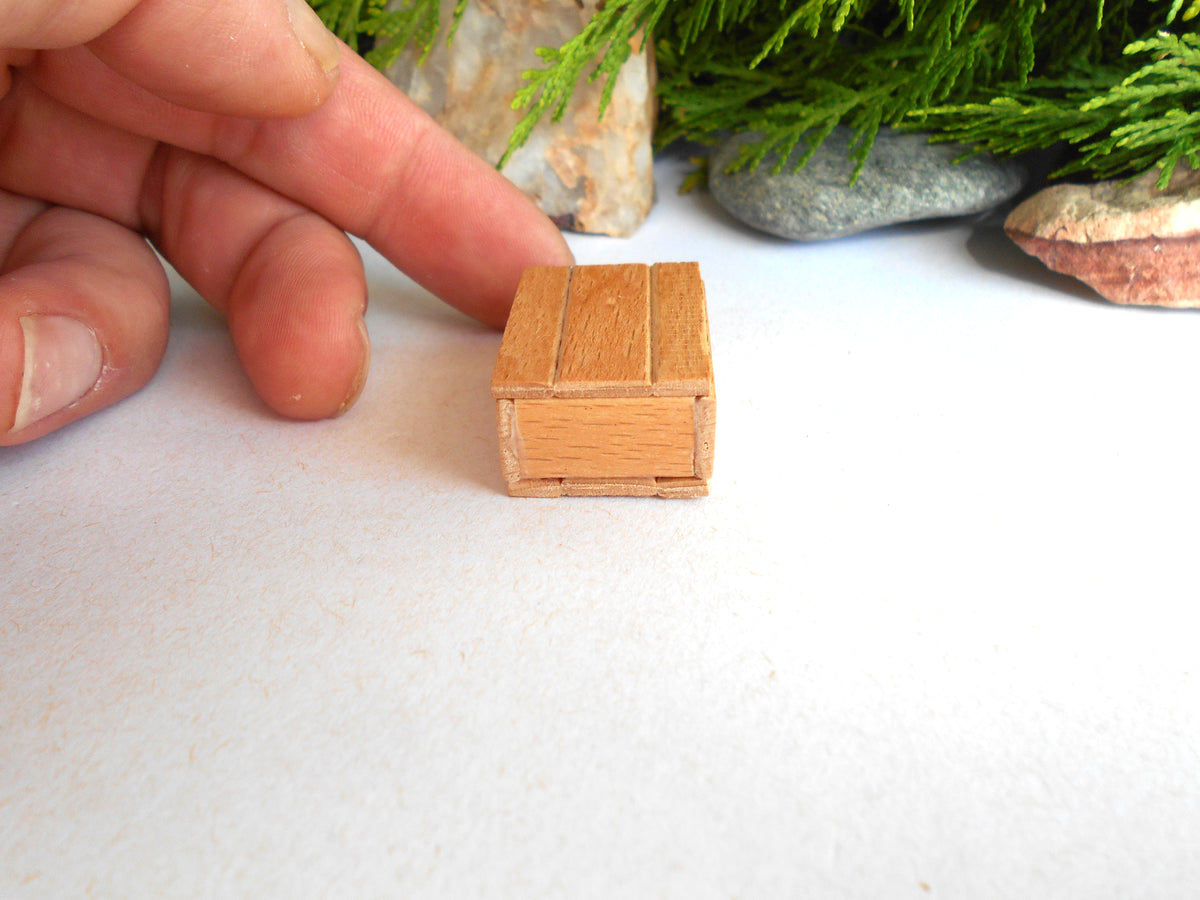 A miniature wooden box with a light brown wood-grain finish, held by a person's fingers to show its small scale, set against a white surface with decorative rocks and greenery in the background.
