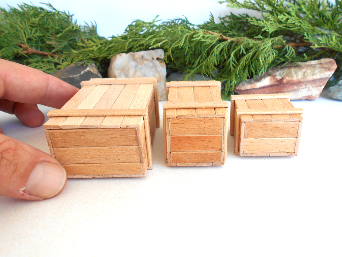 Three miniature light wood crates of different sizes displayed on a white surface, with a hand holding the largest crate for scale and green foliage in the background.
