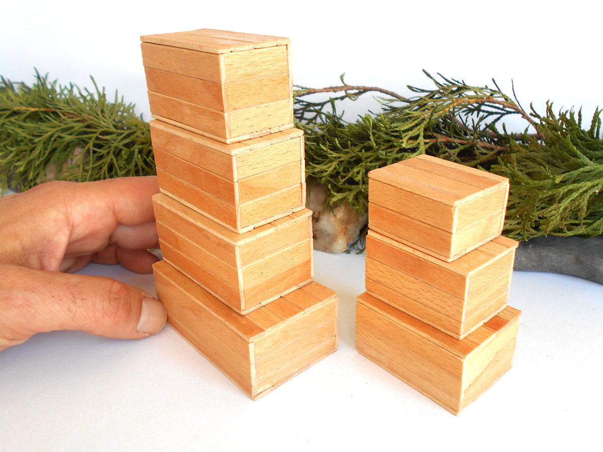 Dollhouse miniature wooden handmade lid box set of 7 different- dollhouse 1/12th scale accessories- miniature beech wood boxes with lids - Set Number 26