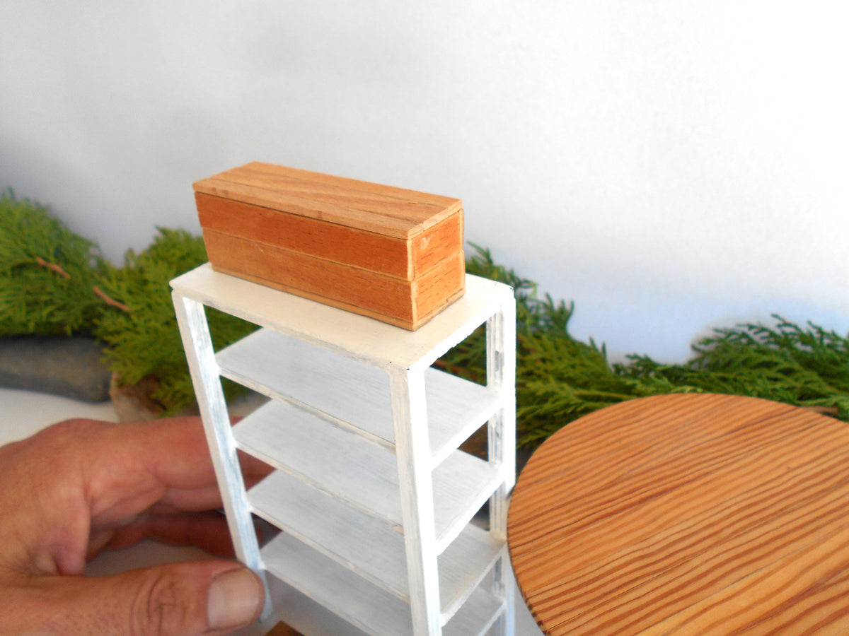 A miniature white shelving unit with a small wooden box on top, held by a hand in front of a white wall with greenery and a round wooden table.
