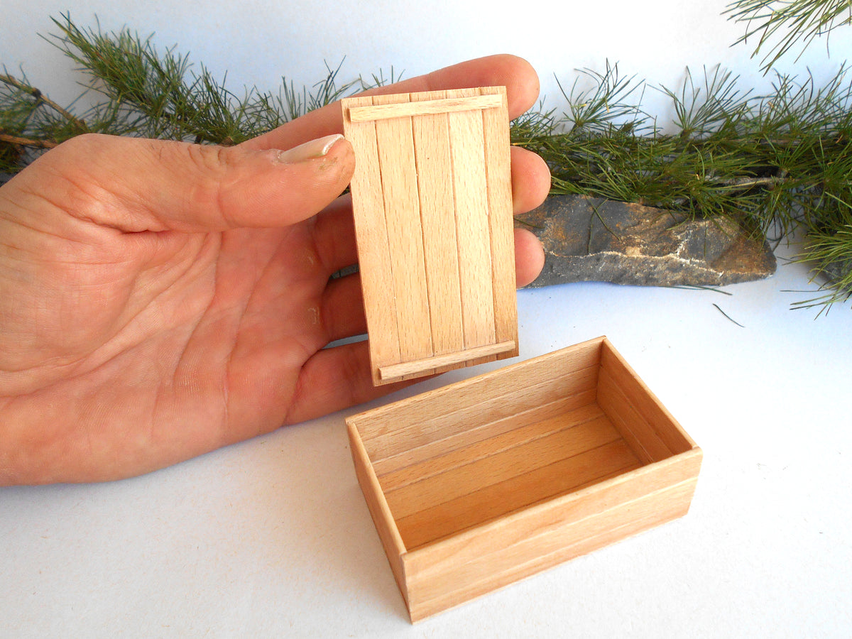 A hand holds a small rectangular wooden box with its lid propped open, while the empty matching box sits below on a white surface. Pine branches and a rock are visible in the background.