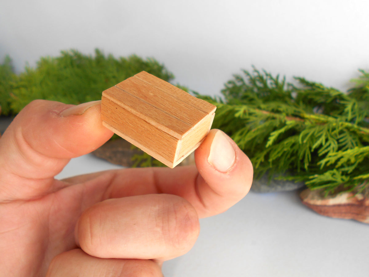 A hand holding a small, rectangular, light brown wooden block with visible wood grain, set against a soft-focus background of green foliage and a white surface.
