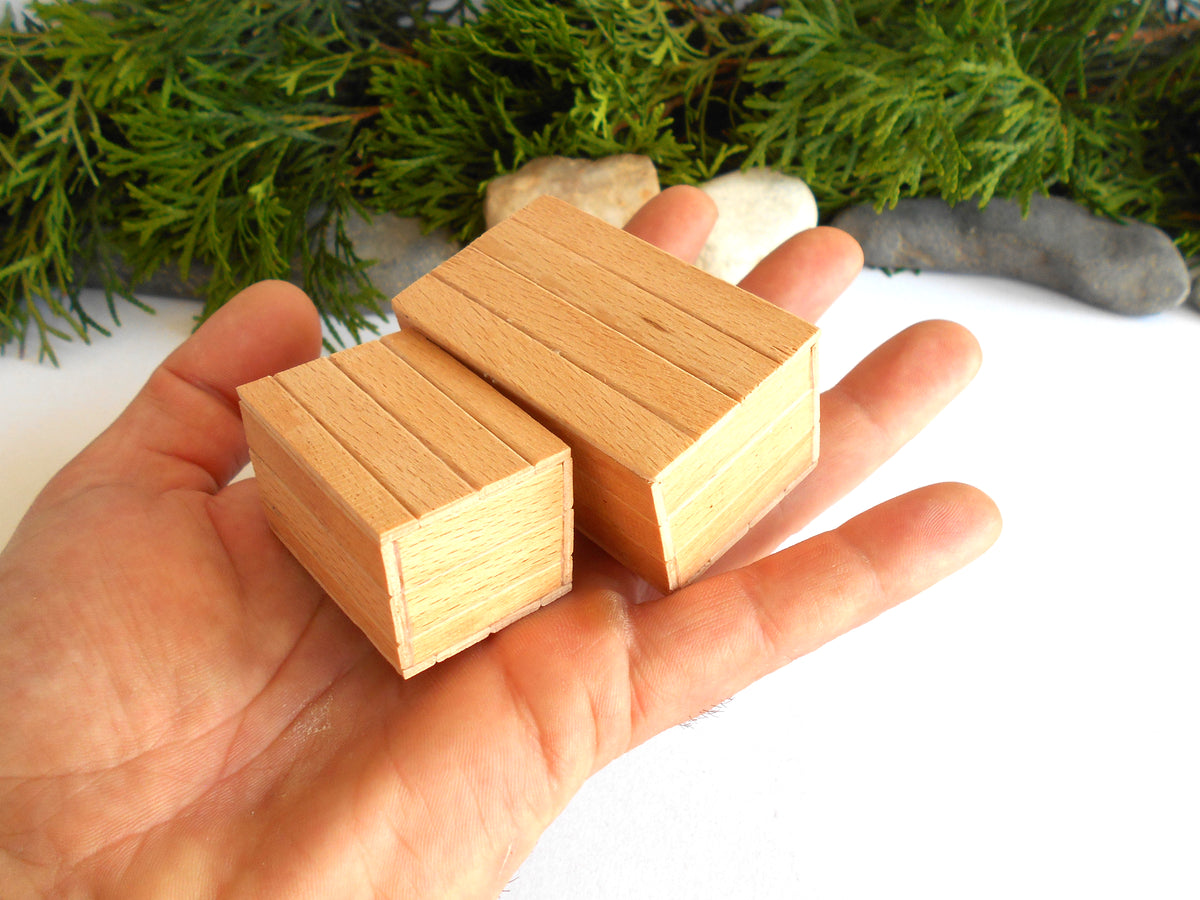 Two small rectangular wooden boxes with a wood-grain texture, held in a person's hand against a white background with green foliage and stones in the upper background.