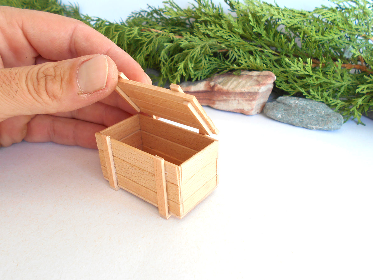 A hand holding open a small wooden storage box made from popsicle sticks, with green foliage and stones in the background.