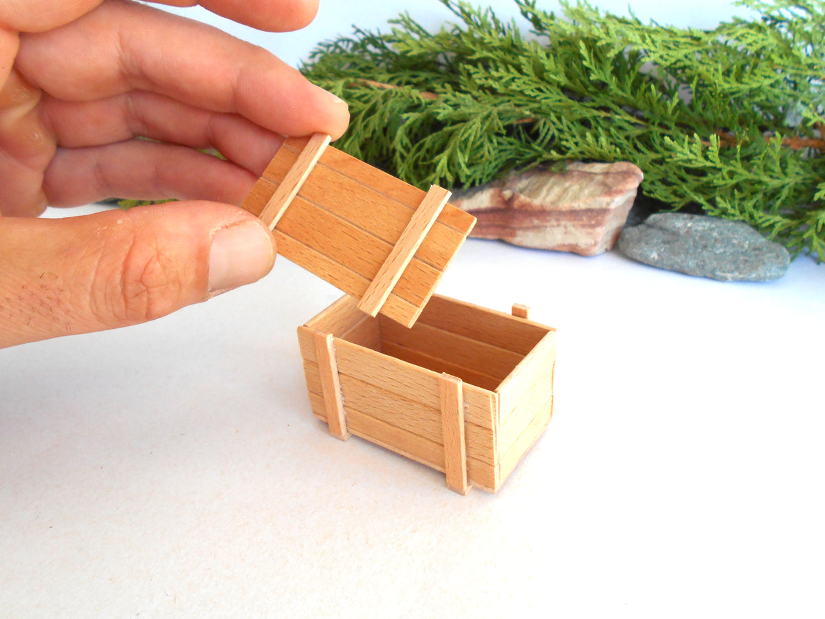 A miniature wooden box with a hand lifting its lid, set against a white surface with green foliage and small stones in the background.