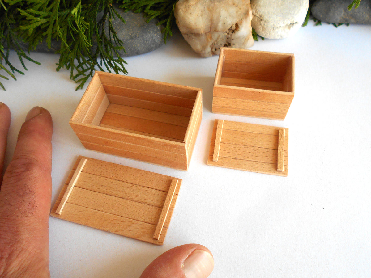 Four miniature light wood boxes and lids arranged on a white surface, with a person's fingers visible for scale and small greenery and stones in the background.