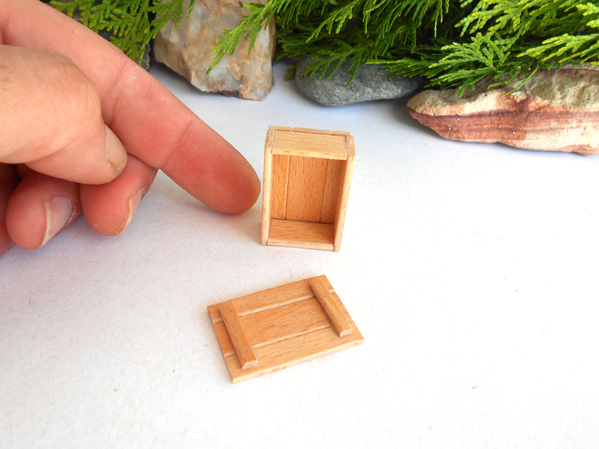 A miniature wooden box and its matching lid, shown on a white surface with a person's hand pointing at the box for scale, with decorative greenery and rocks in the background.