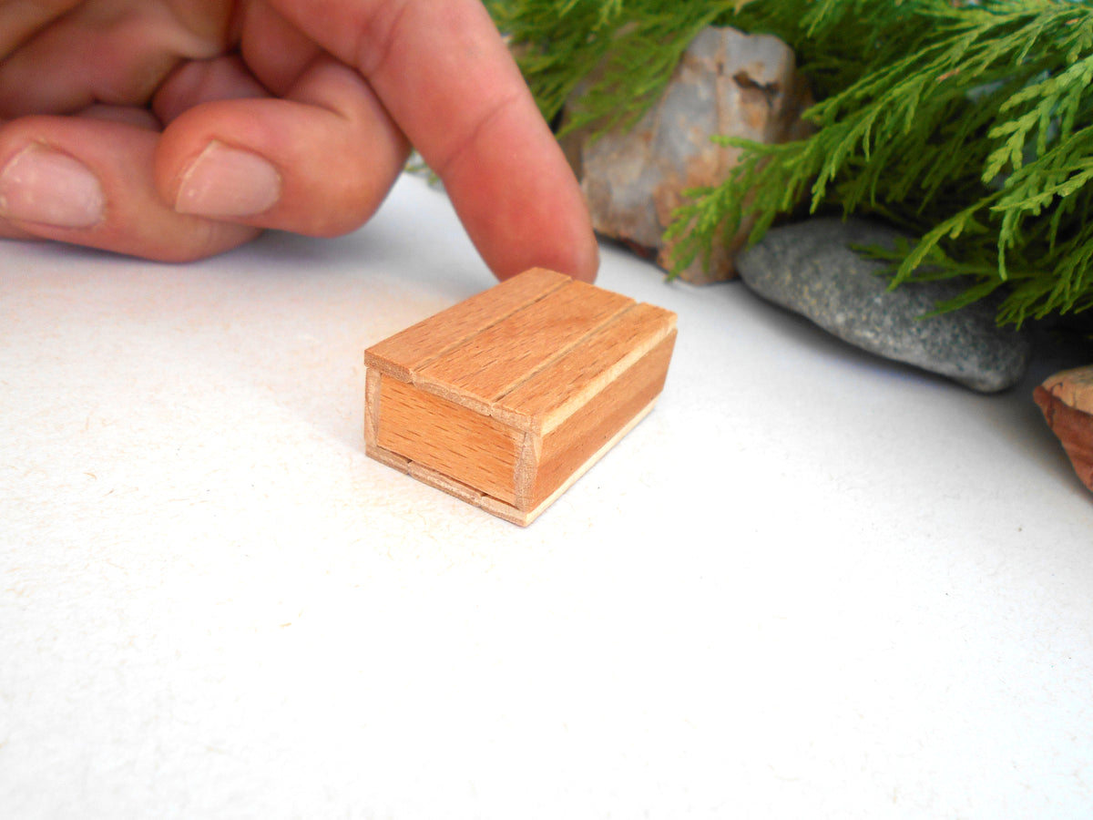 A miniature wooden box with a light natural wood finish, shown on a white surface with a person's finger pointing at it and green foliage in the background.