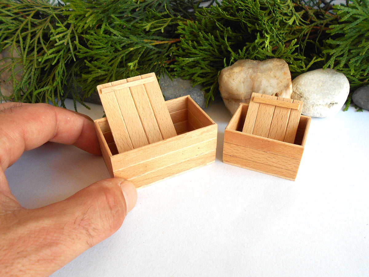Two miniature light wood boxes with hinged lids, shown on a white surface with green foliage and small stones in the background. A human hand is holding one of the boxes to demonstrate their small scale.