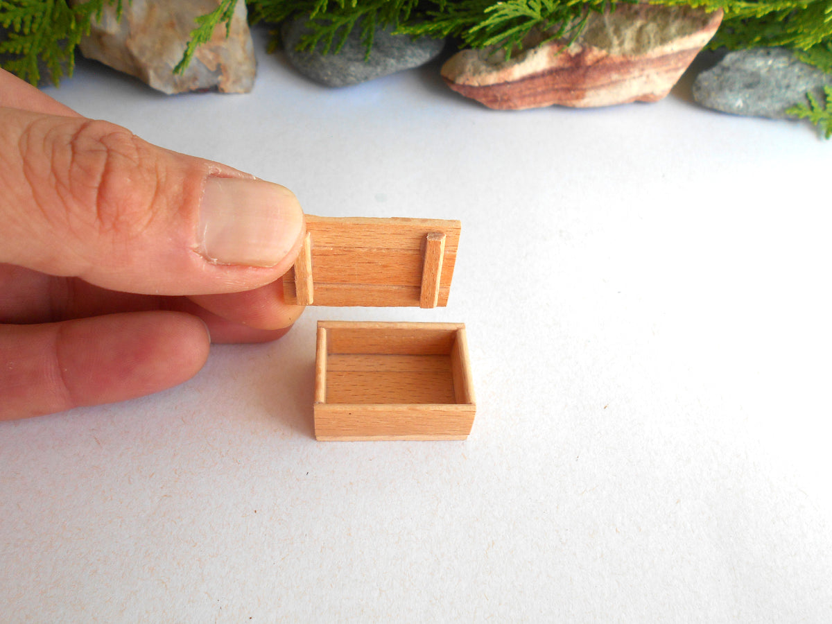 A close-up of a hand holding a miniature wooden box lid next to an empty matching miniature box, set against a white background with decorative rocks and greenery.