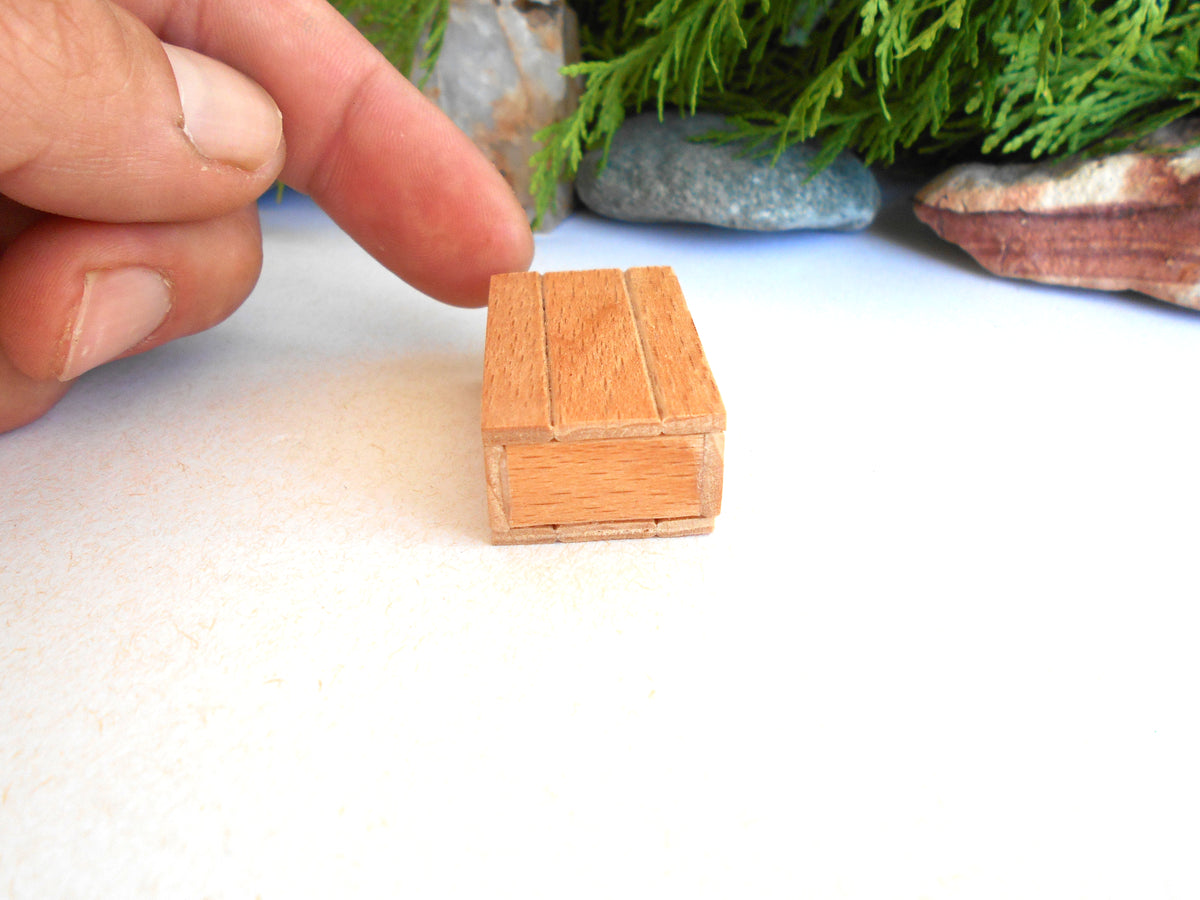 A miniature wooden box with a realistic wood grain texture, shown on a white surface with a person's fingers pointing at it for scale, with decorative rocks and greenery in the background.