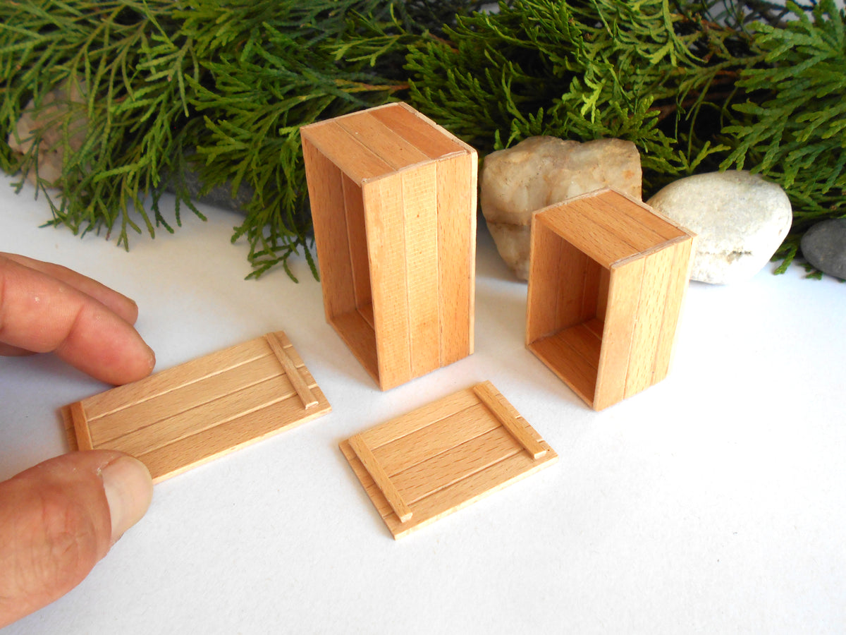 Four miniature light wood boxes and lids, including two open cuboid boxes, two rectangular open-top boxes, and two flat slatted lids, displayed on a white surface with green foliage and small stones in the background. A hand is holding one of the lids on the left.