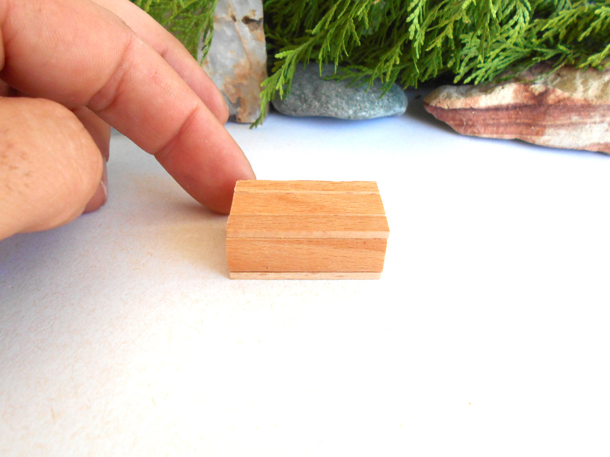A small rectangular wooden miniature box with a light natural wood finish, shown on a white surface with a person's fingers pointing at it and green foliage in the background.