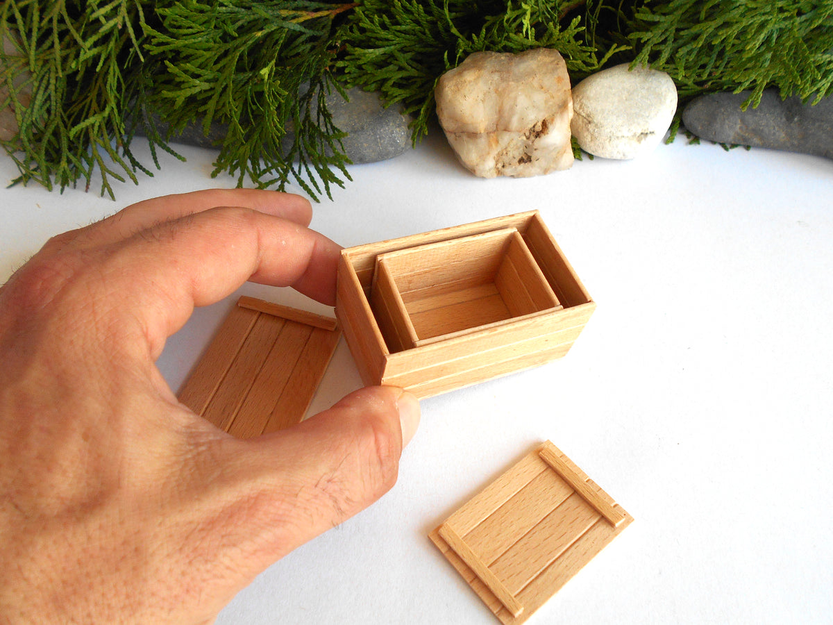 A hand holding a miniature light wood box with a removable lid, alongside two matching lids on a white surface with green foliage and small stones in the background.