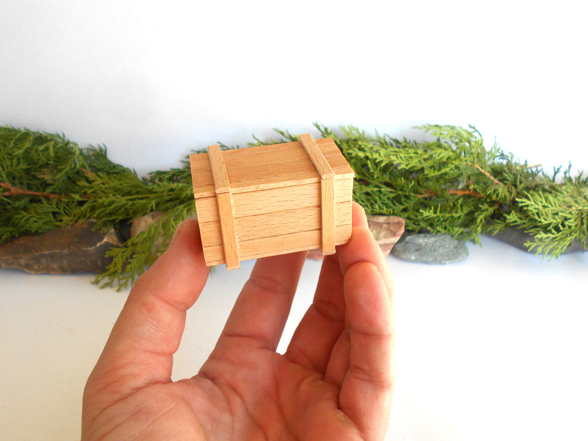 A miniature light wood box held in a person's hand, with green foliage and small stones in the background against a white backdrop.