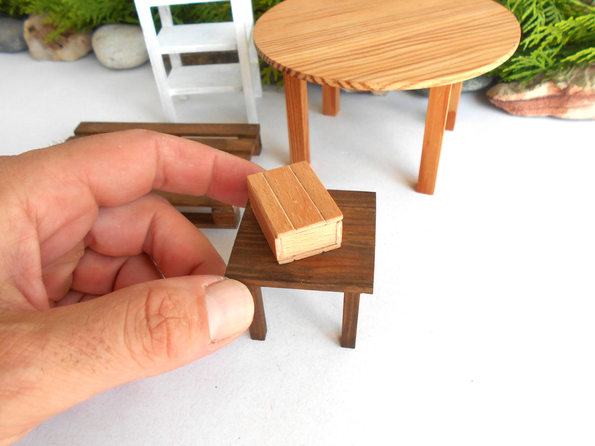 A hand holding a miniature wooden box on a small dark wooden table, with other miniature furniture pieces and green plants in the background on a white surface.