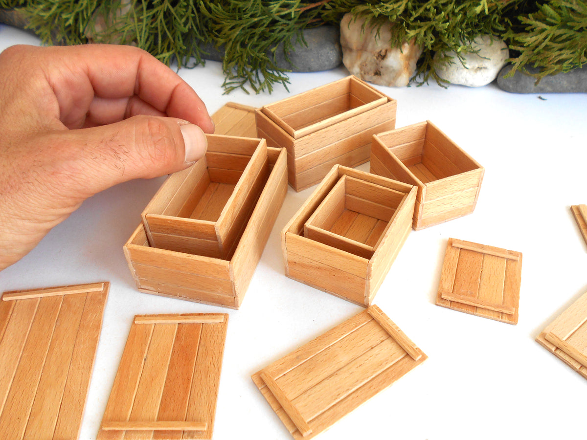 Dollhouse miniature wooden handmade lid box set of 7 different- dollhouse 1/12th scale accessories- miniature beech wood boxes with lids - Set Number 26