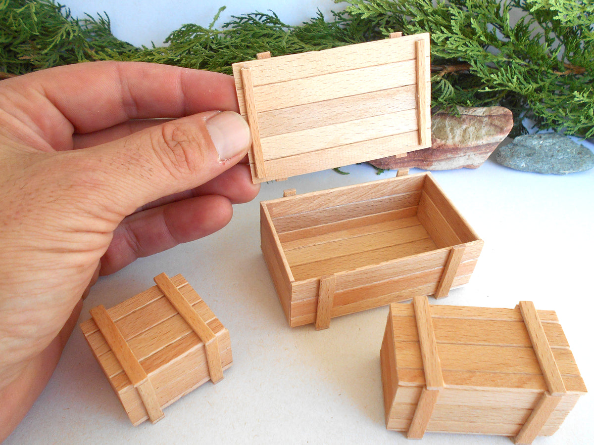 Three miniature wooden crates of different sizes displayed on a white surface with green foliage and rocks in the background. A hand is holding the smallest crate on the left.
