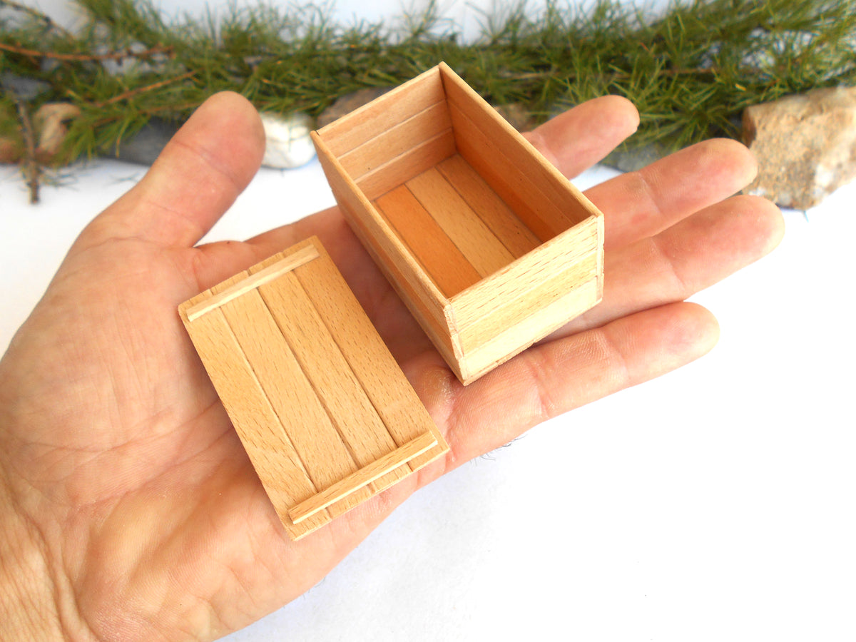 Miniature Wooden Box with Lid – 1:12 Scale Dollhouse Accessory, Handcrafted Hand-Cut Beech Wood, 2.5" × 1.5" × 1.25"