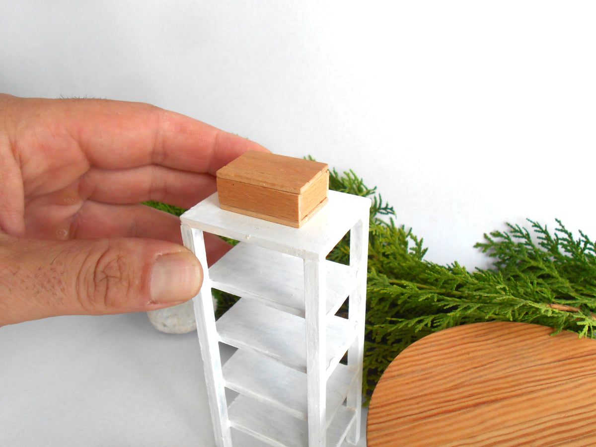 A hand holding a miniature white shelving unit with a small wooden box on top, set against a white background with green foliage and a wooden surface.