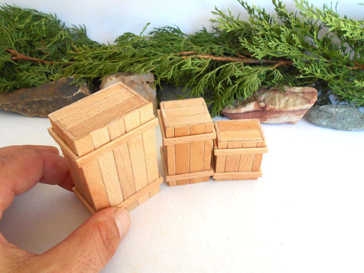 Three miniature light wood crates of different sizes, with a hand holding the largest crate on the left, set against a white background with green foliage and small rocks.