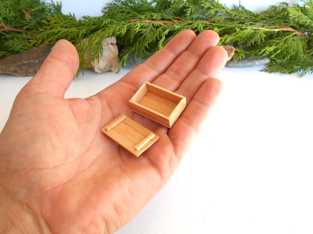 A hand holding two small rectangular wooden boxes or trays, with green foliage in the background.