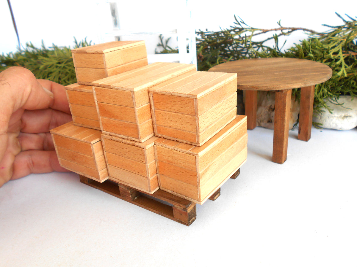 Dollhouse miniature wooden handmade lid box set of 7 different- dollhouse 1/12th scale accessories- miniature beech wood boxes with lids - Set Number 26