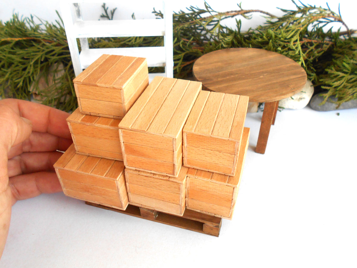 Dollhouse miniature wooden handmade lid box set of 7 different- dollhouse 1/12th scale accessories- miniature beech wood boxes with lids - Set Number 26