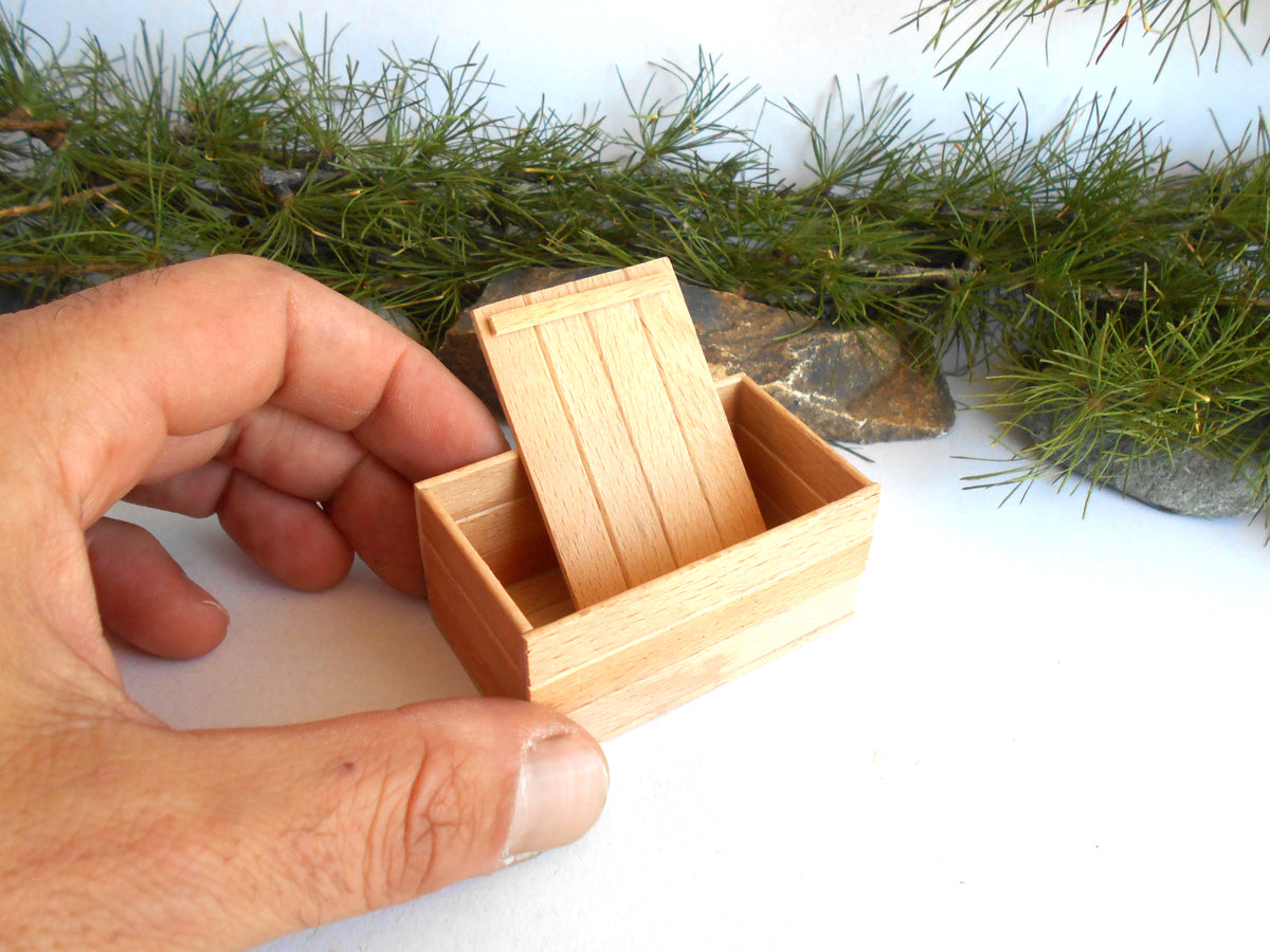 Miniature Wooden Box with Lid – 1:12 Scale Dollhouse Accessory, Handcrafted Hand-Cut Beech Wood, 2.5" × 1.5" × 1.25"