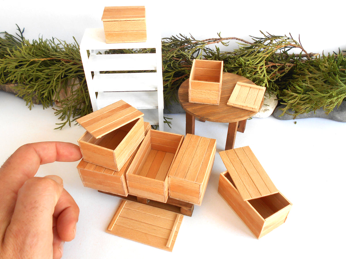 Dollhouse miniature wooden handmade lid box set of 7 different- dollhouse 1/12th scale accessories- miniature beech wood boxes with lids - Set Number 26