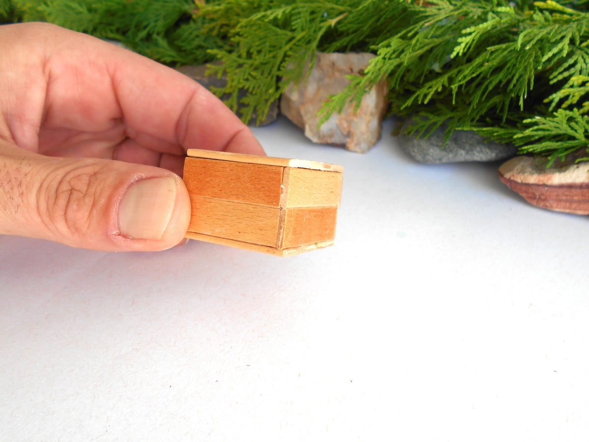 A hand holding a small, square wooden box with a light orange-brown finish, set against a white background with green foliage and small stones in the blurred background.