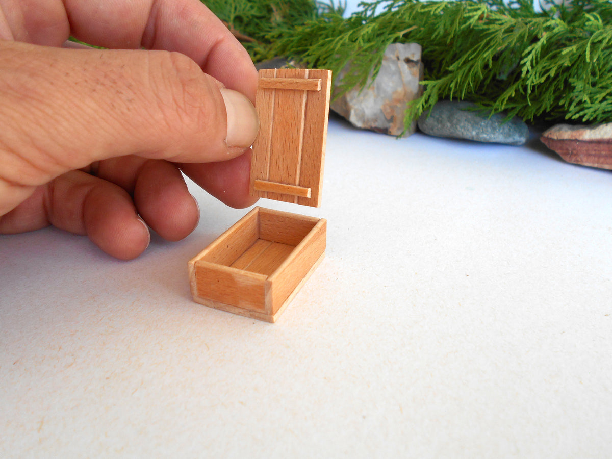 A hand holding a miniature wooden box lid next to an empty miniature wooden box, shown on a white surface with a blurred background of green foliage and stones.