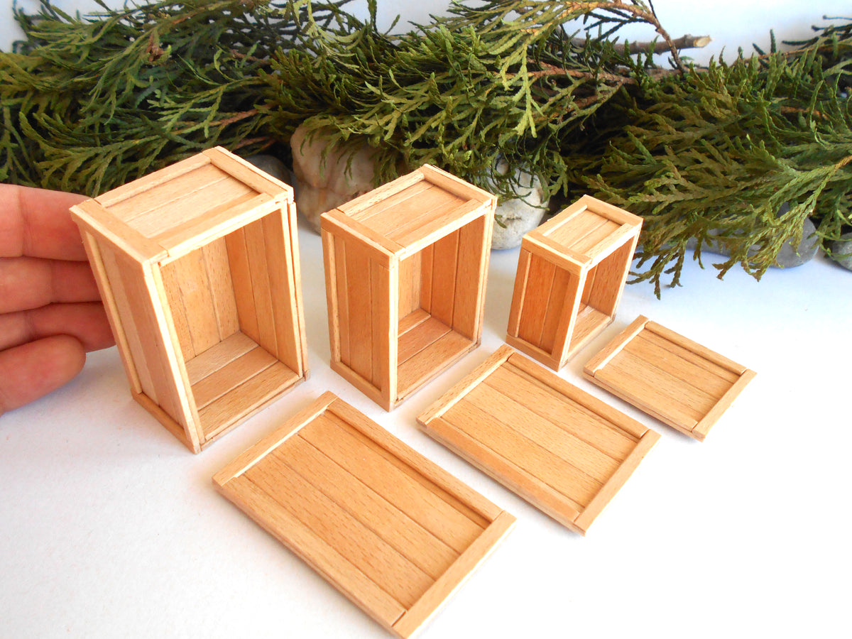 Five miniature light wood boxes and trays, including three different sized open storage boxes and two rectangular trays, displayed on a white surface with a hand holding one of the boxes for scale, and green foliage in the background.