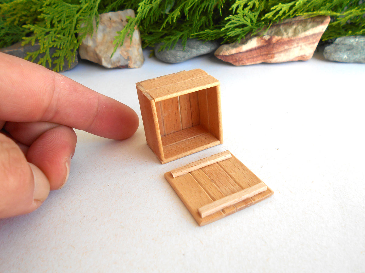 A miniature wooden box and lid set, shown with a human hand pointing at it to indicate scale, on a white surface with decorative greenery in the background.