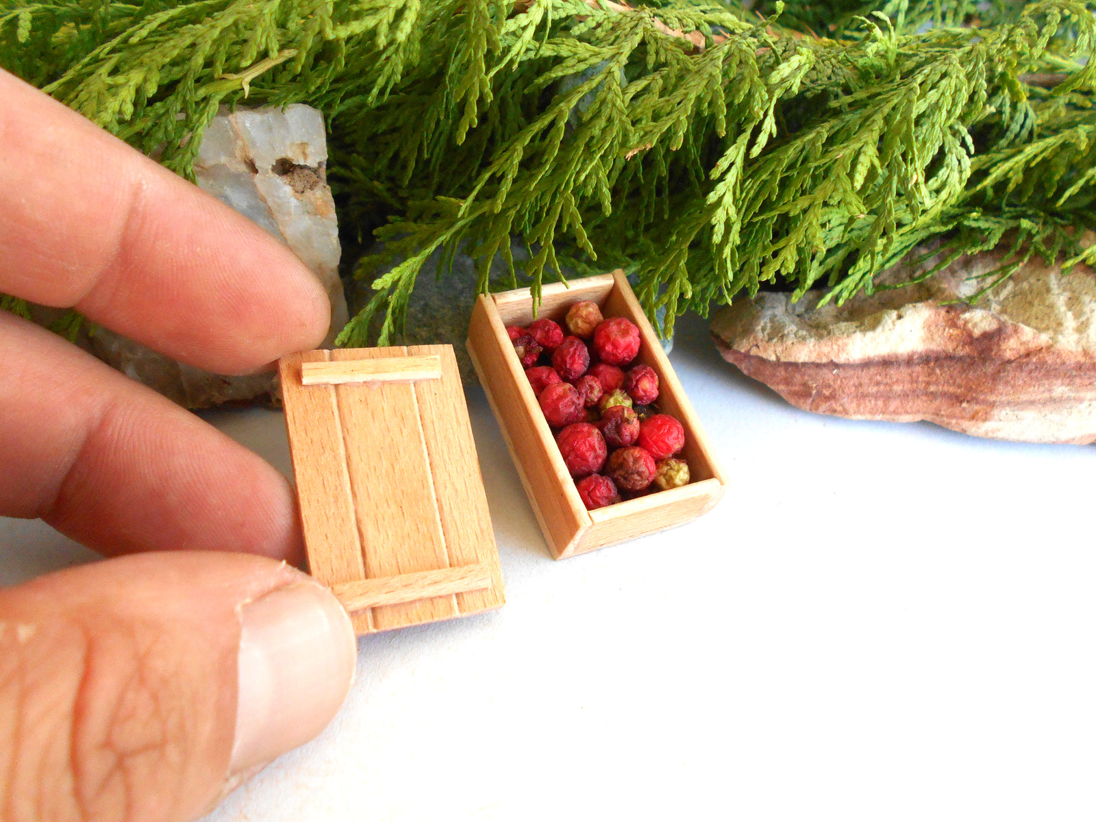A miniature wooden crate filled with small red berries shown next to a tiny wooden door, held by human fingers to demonstrate scale, with green foliage and rocks in the background.