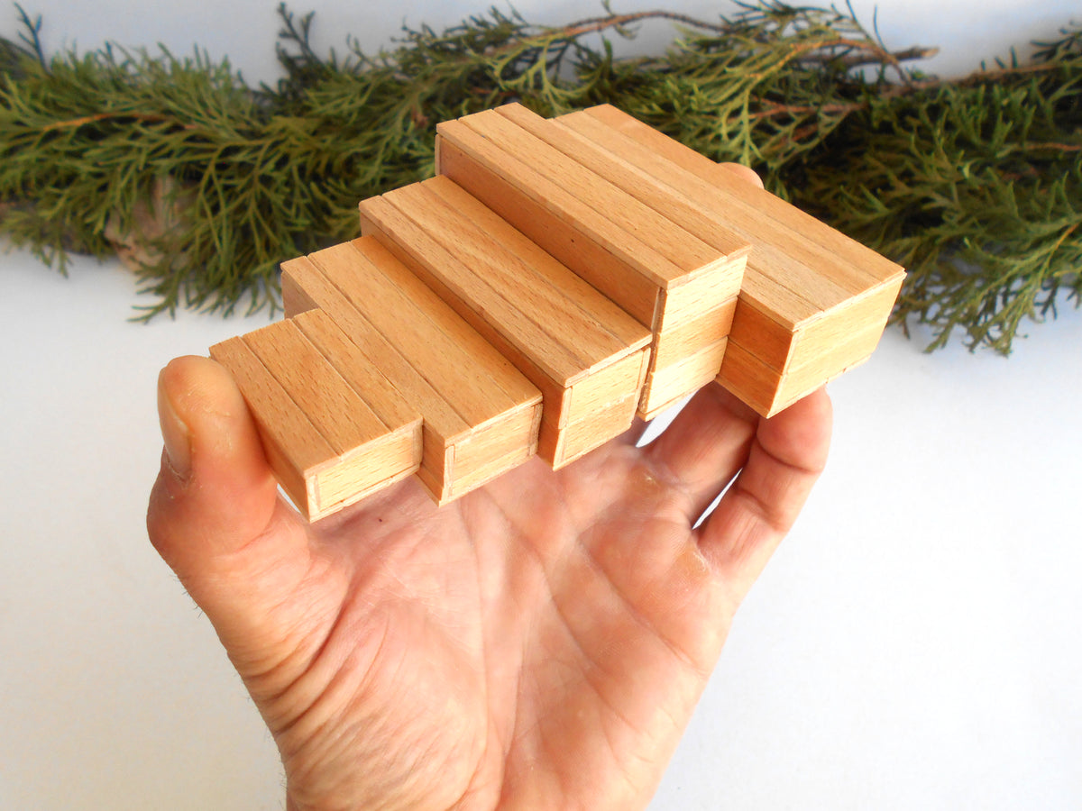 A hand holding a set of five light natural wood rectangular miniature boxes or tiles, with green pine branches in the background against a white surface.