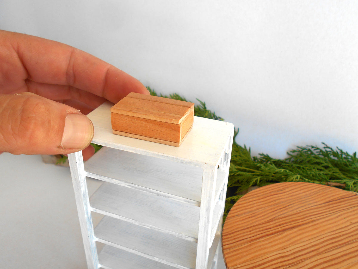 A miniature wooden box being held by a hand on top of a small white shelf, with a white wall background and green foliage behind it.