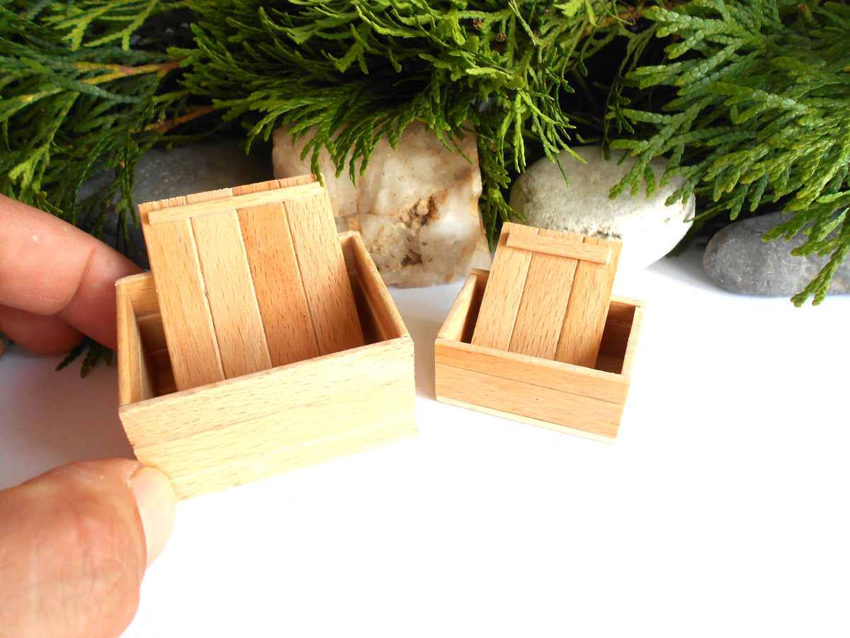 Two miniature light wood crates or boxes with a slatted front, shown on a white surface with green foliage and small stones in the background. A human hand is holding one of the crates on the left.