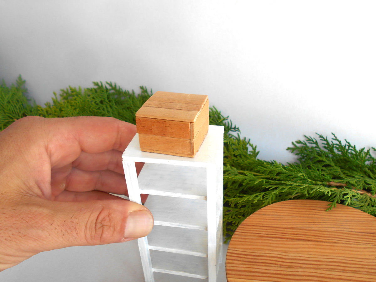 A hand holding a miniature white ladder shelf with a small wooden box on top, set against a white wall with green foliage and a wooden round table in the background.