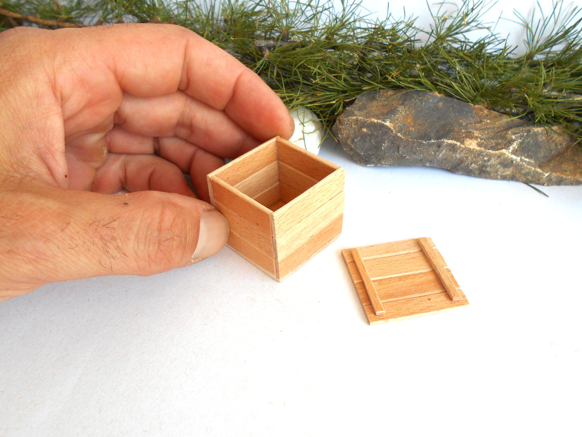 A hand holds a small square wooden box with a separate lid placed beside it on a white surface, with greenery and a rock in the background.