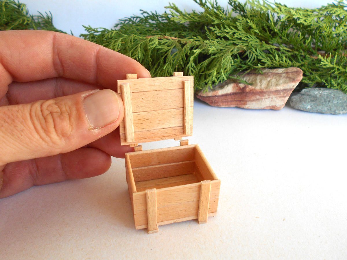 A miniature wooden storage box with an open hinged lid, held by a hand against a light background with green foliage and small stones in the distance.