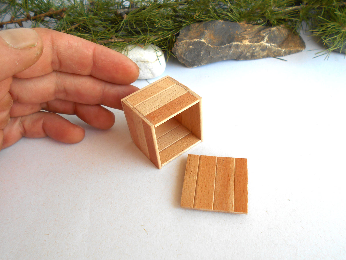 A miniature wooden crate or box with a separate lid, shown on a white surface with a hand holding it for scale. The background features small green pine needles and a stone.