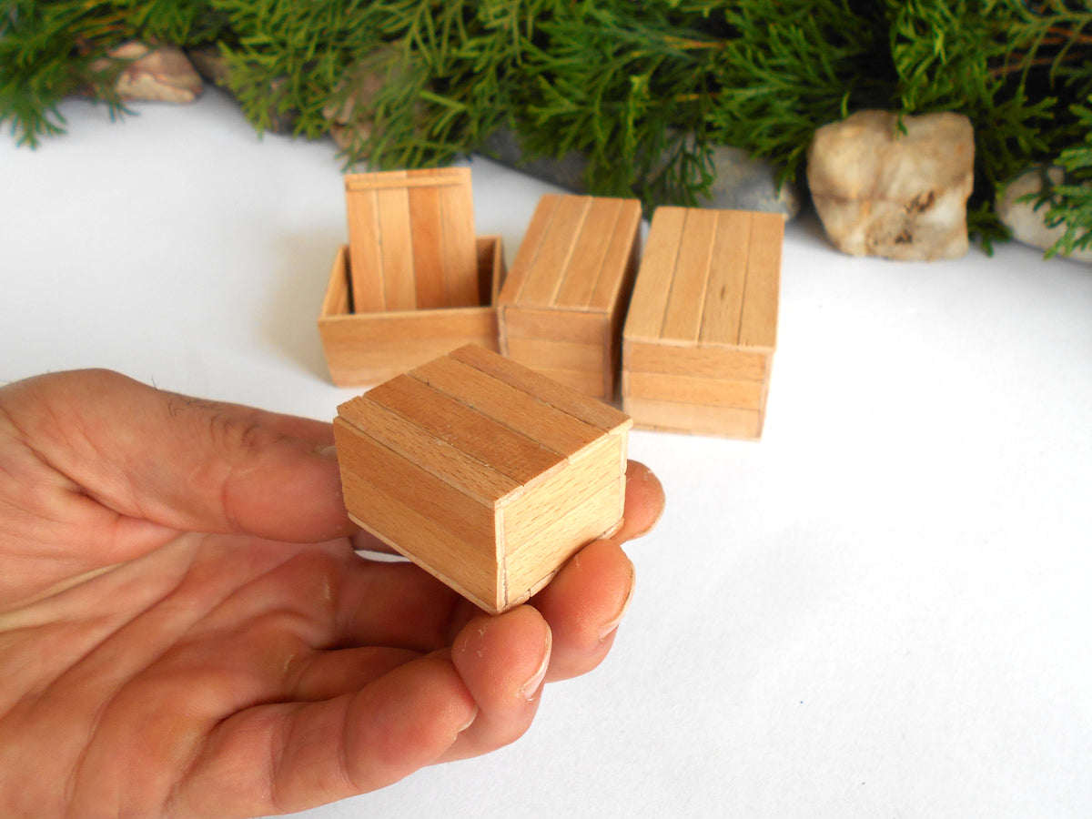 Miniature wooden handmade box set of 4- dollhouse 1/12th scale accessories- mini beech wood boxes with lids- Set Number 5
