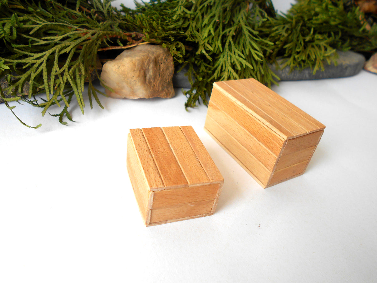 Two small rectangular wooden boxes with a natural light wood finish, displayed on a white surface with green foliage and small stones in the background.