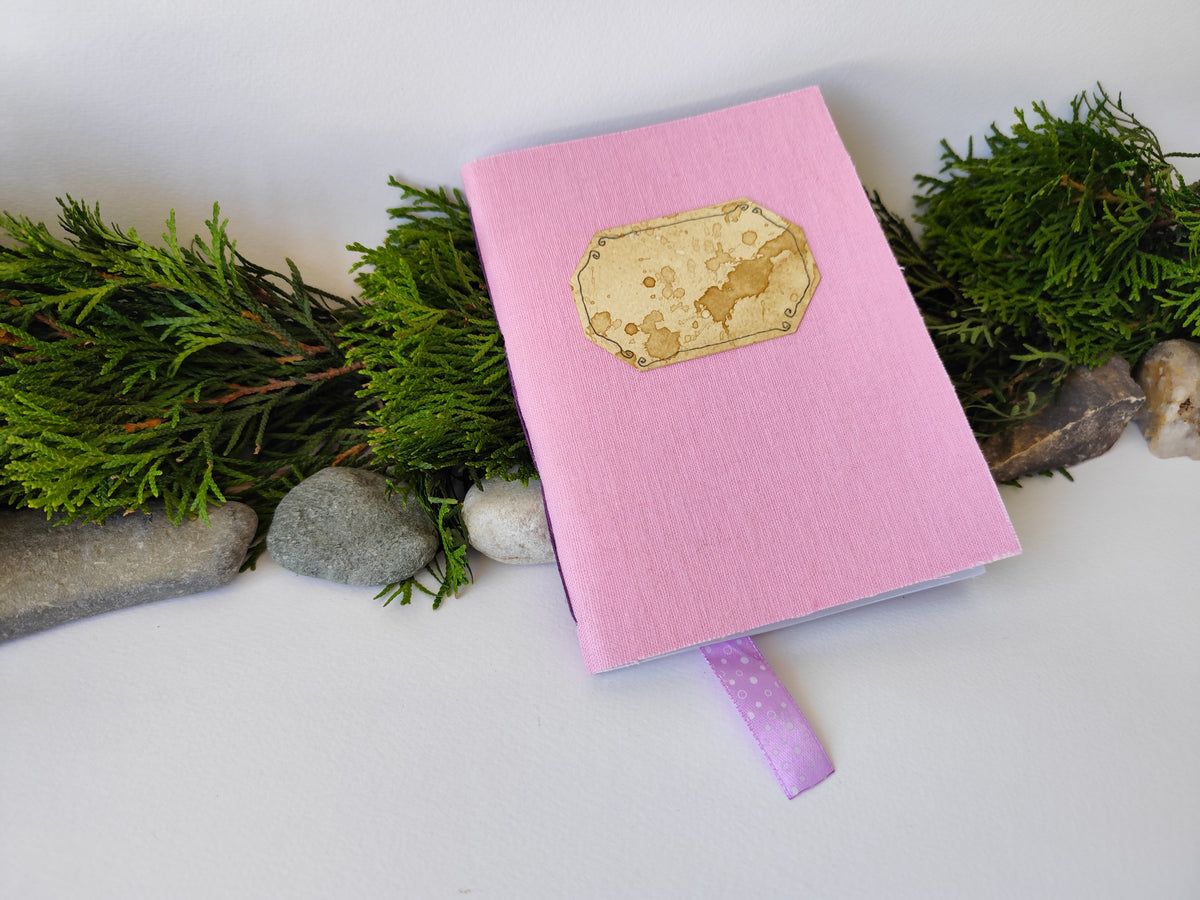 Pink handmade fabric notebook with a title label, a bookmark, Hemp Cord binding and coffee inside lining- 5&quot; x 7&quot; ( 12.5 x 17.5 cm. )